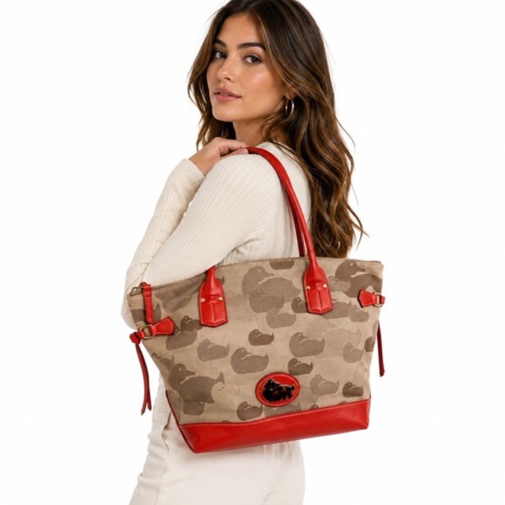 Dooney & Bourke Duck Monogram Canvas Tote Bag Orange Leather Trim Dust Bag 37-12